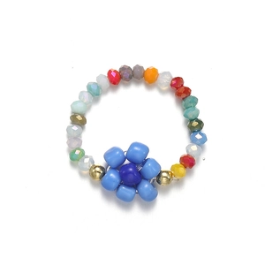 Colorful bohemian handmade beaded flower ring with elastic band for women fashion
