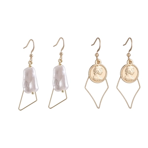 Baroque pearl drop earrings and vintage gold coin portrait geometric jewelry set