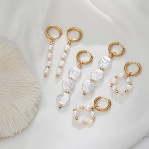 Boucles D'oreilles En Acier Inoxydable Perles D'eau Douce Géométriques Plaqué Or Longues Perles Baroques Bijoux Femmes