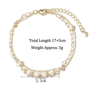 14K gold layered heart chain bracelet with freshwater pearls, 17+5cm total length