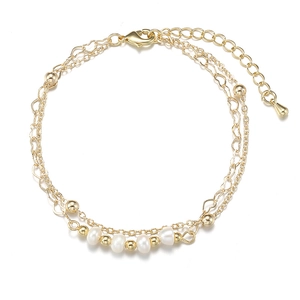 Double-layer gold heart chain bracelet with freshwater pearls and adjustable lobster clasp
