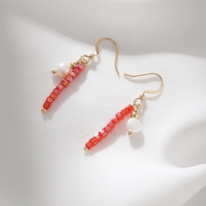 Handmade stainless steel earrings with red transparent square beads and white pearls