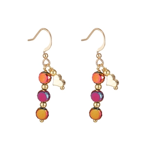 Handmade heart drop earrings with golden hooks and colorful faceted beads on white background