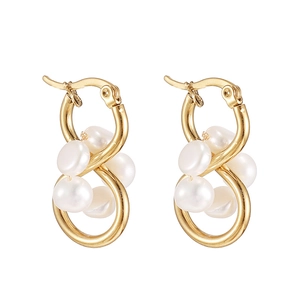 Elegant gold twisted infinity hoop earrings with round white pearls for women