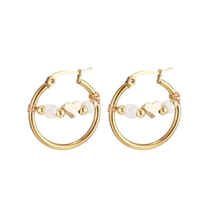 Gold stainless steel hoop earrings with heart charm and decorative white beads