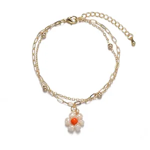 Double-layer 14K gold plated stainless steel bracelet with pearl flower charm and beads