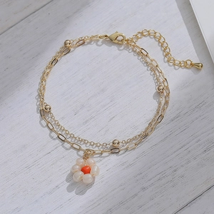 Double Layer Bracelet Stainless Steel 14K Gold Plated Handmade Bead Flower Pendant Paperclip Chain Elegant For Women