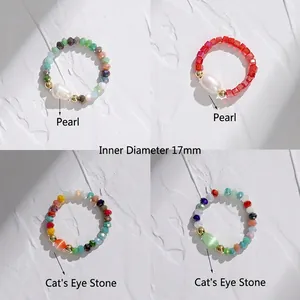 Beaded elastic rings set with freshwater pearls and cat eye stones in various colors