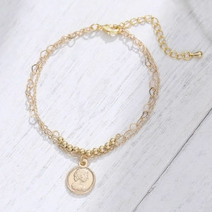 Layered Copper Bracelet Golden Coin Pendant Queen Relief Heart Chain Jewelry For Women Minimalist Style