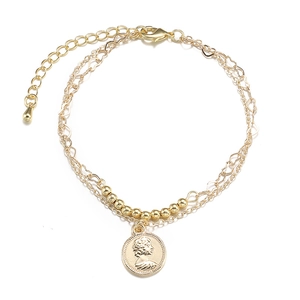 Minimalist double-layer 14K gold-plated bracelet with coin queen pendant and heart links