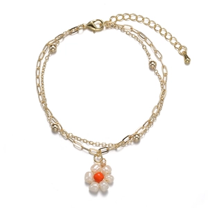 Double-layer 14K gold plated flower bracelet with paperclip chain and white pearl petals