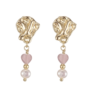 Pink heart and pearl drop earrings with hammered gold metal pieces for women