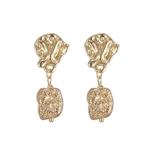 14K gold plated irregular lava style drop earrings with hammered square pendants