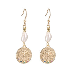 Gold evil eye coin earrings with freshwater pearl and colorful rhinestones for women