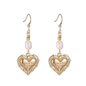 Vintage gold heart earrings with baroque pearls and engraved I Love You message