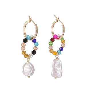 Asymmetric gold hoop earrings with colorful faceted crystal beads and baroque pearls
