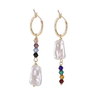 Asymmetric gold hoop earrings with colorful glass beads and white baroque pearls