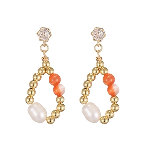 French vintage 14K gold plated earrings with freshwater pearls and orange cat eye stones