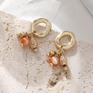 Boucles D Oreilles Pendantes En Cuivre Rétro Français Avec Pierre Oeil De Chat Orange Anneau Irrégulier Bijoux Élégants