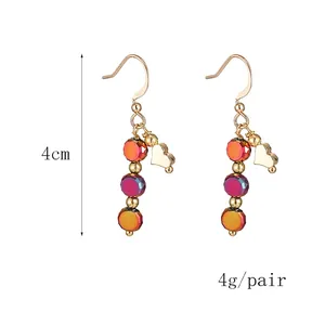 Handmade colorful iridescent bead drop earrings with gold heart pendant 4cm length