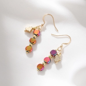 Vintage Copper Dangle Earrings Iridescent Faceted Beads Gold Heart Pendant Elegant Hook Jewelry For Women