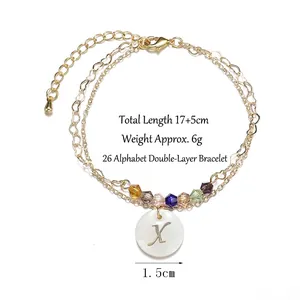 Double-layer stainless steel bracelet with colorful beads and shell initial X charm