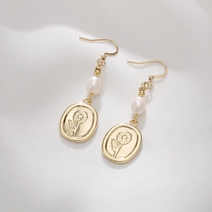 Vintage French Style Copper Drop Earrings With Freshwater Pearl And Floral Sunflower Relief Coin Pendant For Women
