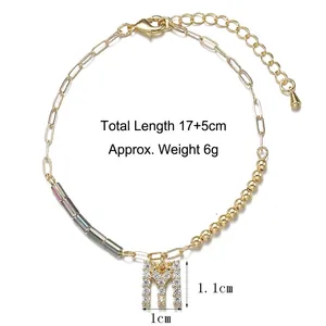 Gold chain bracelet with pavé crystal letter M charm, 17+5cm adjustable length