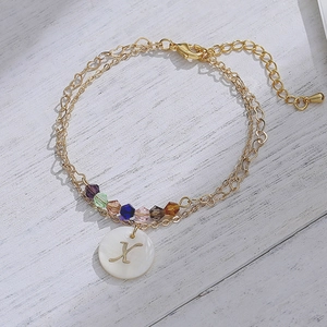 Gold Plated Stainless Steel Layered Bracelet With Shell Initial Letter Pendant And Colorful Beads Adjustable For Women