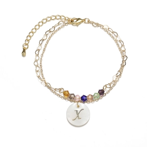 Double-layered 14K gold-plated bracelet with colorful beads and shell letter X pendant