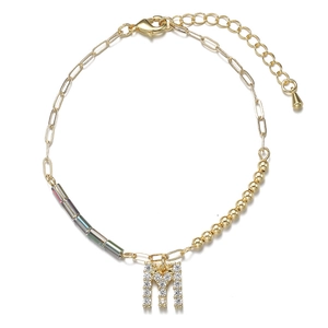 Gold tone paperclip chain bracelet with rhinestone letter M charm and colorful beads