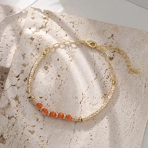 Bracelet Bohème En Perles De Cuivre Plaquées Or Avec Pierre Oeil De Chat Synthétique Orange Et Tube Texturé Pour Femme Cadeau Élégant