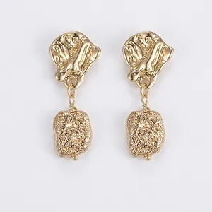 Modern 14K gold plated irregular lava rock texture earrings with a polished metal finish