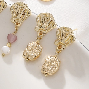 14K gold plated irregular hammered earrings with pink heart stones and pearls