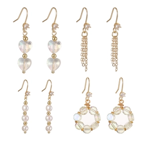 Set of 4 vintage pearl and geometric fringe earrings in gold with heart-shaped charms