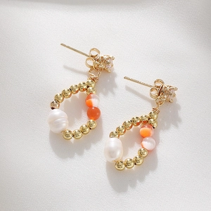 Vintage French Style Drop Earrings With Freshwater Pearl Gold Plated Copper Zirconia And Cat Eye Beads For Women