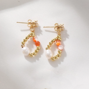 Vintage 14K gold plated drop earrings with freshwater pearl and cat-eye beads
