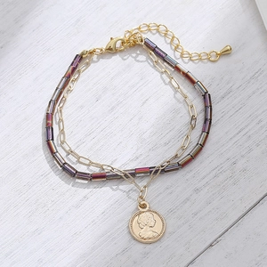 Double Layered Bracelet With Copper Coin Pendant Portrait Relief Iridescent Glass Beads Bohemian Vintage Style Jewelry Adjustable