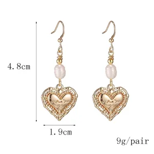 Vintage heart shaped dangle earrings with pearls and I Love You engraving in gold finish