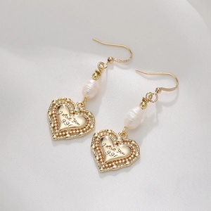 Vintage Heart Pendant Earrings With Freshwater Pearl Copper Engraved I Love You Elegant French Style Jewelry For Women