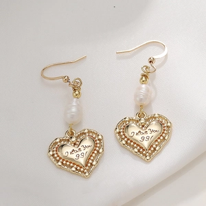 Vintage heart earrings with freshwater pearls and golden I Love You 999 engraving
