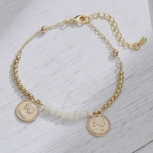 Bracciale Pendente Moneta Rilievo Retro Rame Metallo Künstliche Perle Sintetiche Ritratto Regina Doppia Faccia Catena Regolabile Gioielli Vintage Donne