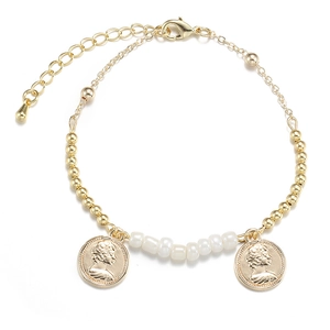 Bracciale di perline dorate con ciondoli a moneta e ritratti a rilievo da donna