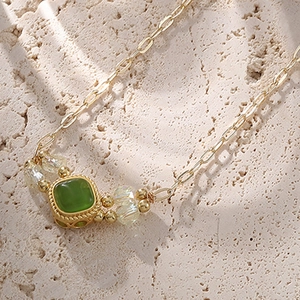 Vintage Stainless Steel Paperclip Chain Necklace Copper Green Gemstone Pendant Geometric Jewelry Women