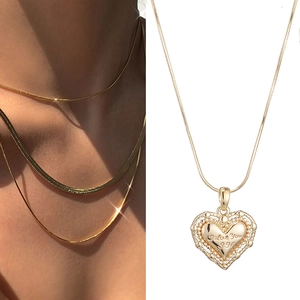 Heart Pendant Necklace Gold Plated Stainless Steel I Love You Engraved Double Layer Hollow Square Snake Chain For Women