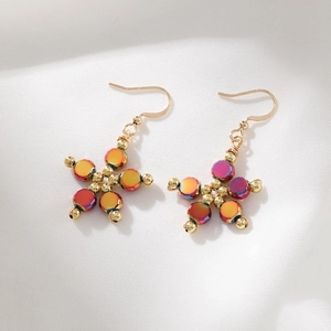 Star Flower Shaped Drop Earrings Iridescent Acrylic Beads Golden Alloy Hook French Resort Style Handmade Jewelry Women