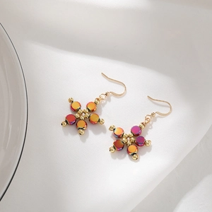 Colorful floral earrings with iridescent beads and gold fish hooks for women