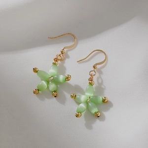 Boucles D'oreilles Pendantes Fleur En Pierre Oeil De Chat Faites À La Main Bijoux Élégants Pour Femmes