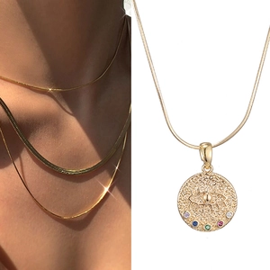 Evil Eye Coin Pendant Necklace Stainless Steel Copper Gold Plated Colorful Zirconia Bohemian Layering For Women
