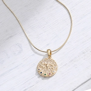 14K gold plated evil eye coin necklace with colorful zircon stones on snake chain